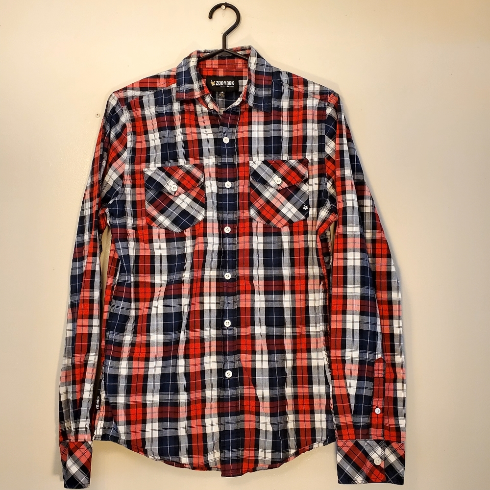 Zoo York Excelsior Red White Blue Plaid Button Down Long Sleeve Shirt Men Small